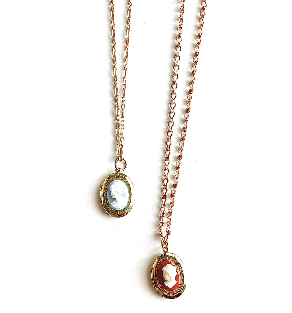 Yellow brass cameo locket necklaces